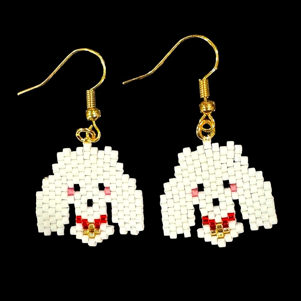 Hand crafted beaded white poodle face mini drop earrings